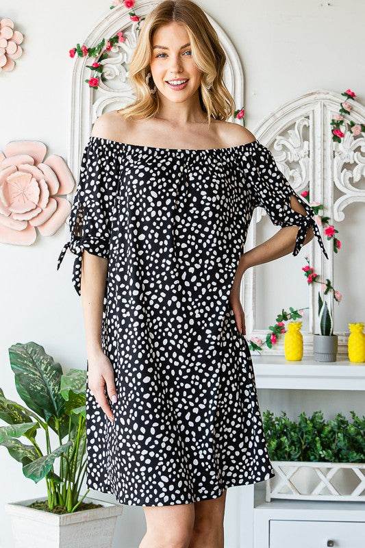 Heimish Full Size Short Sleeve Off Shoulder Animal Mini Dress Plus Size - Hovatok