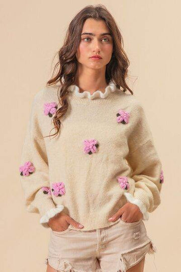 BiBi Ruffled Crochet Flower Dropped Shoulder Sweater - Hovatok