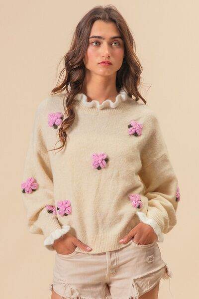 BiBi Ruffled Crochet Flower Dropped Shoulder Sweater - Hovatok