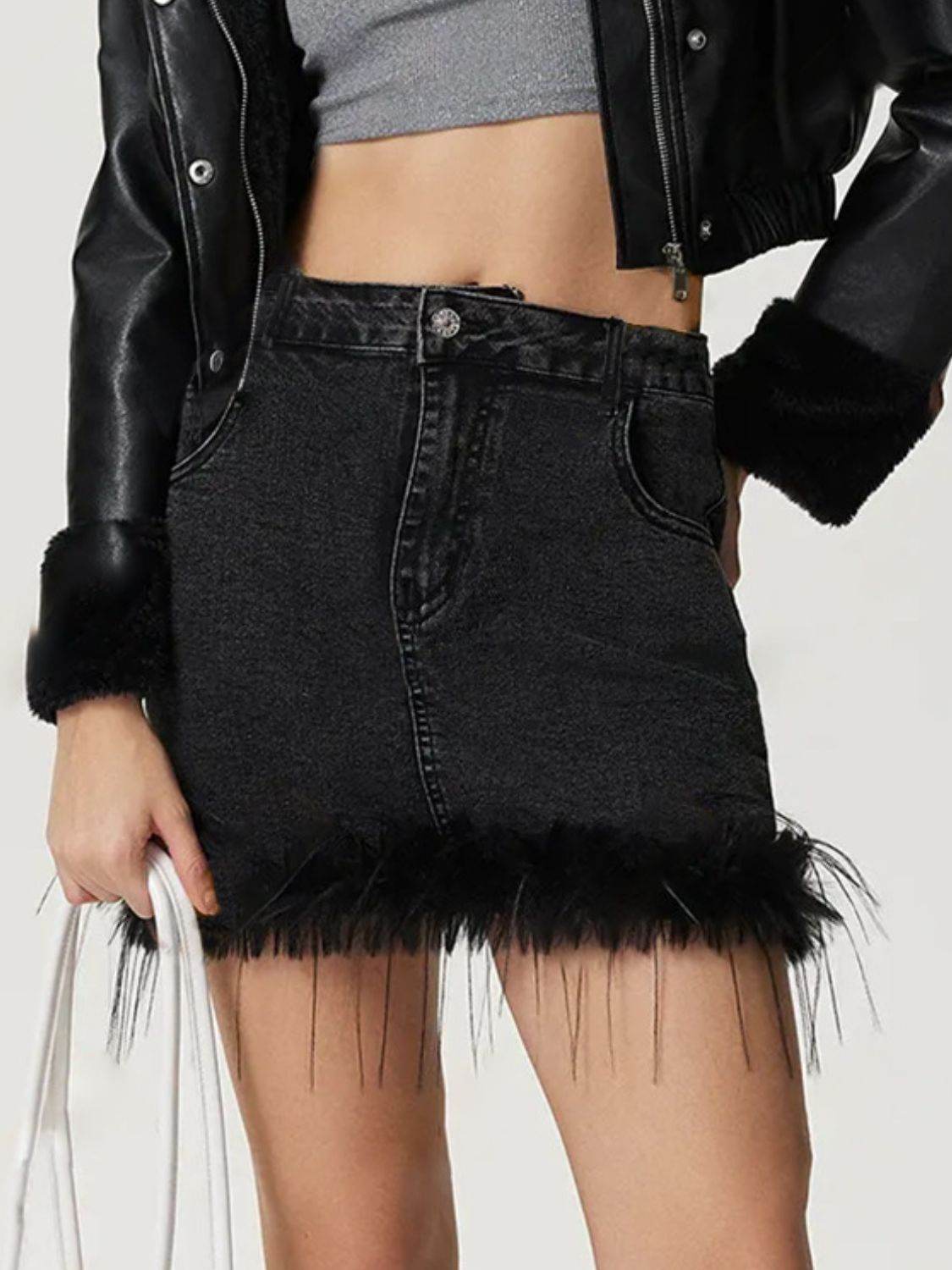 Plush Hem Mini Denim Skirt - Hovatok