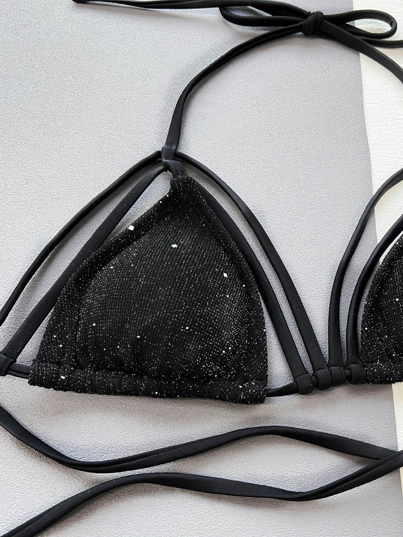 Glitter Halter Neck Strappy Two-Piece Bikini Set - Hovatok