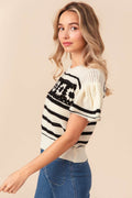 BiBi Granny Square Short Sleeve Striped Sweater - Hovatok