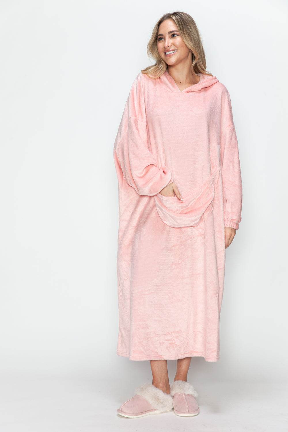 Double Take Full Size Pocketed Hooded Midi Lounge Dress - Hovatok