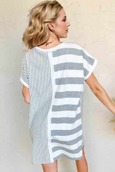Oh Full Size Striped Round Neck Short Sleeve Mini Tee Dress - Hovatok