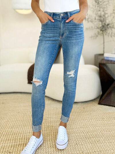 Judy Blue Full Size Mid Rise Destroy & Cuff Skinny Jeans - Hovatok