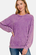 Zenana Washed Round Neck Dropped Shoulder Sweatshirt - Hovatok