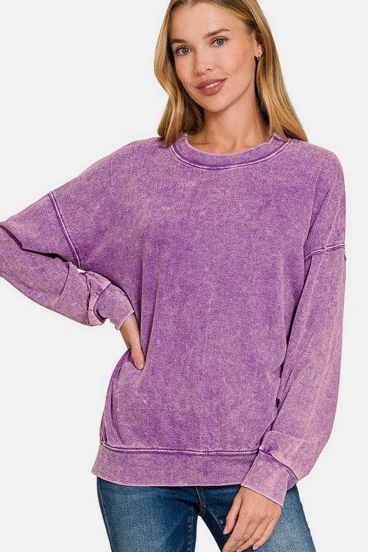 Zenana Washed Round Neck Dropped Shoulder Sweatshirt - Hovatok