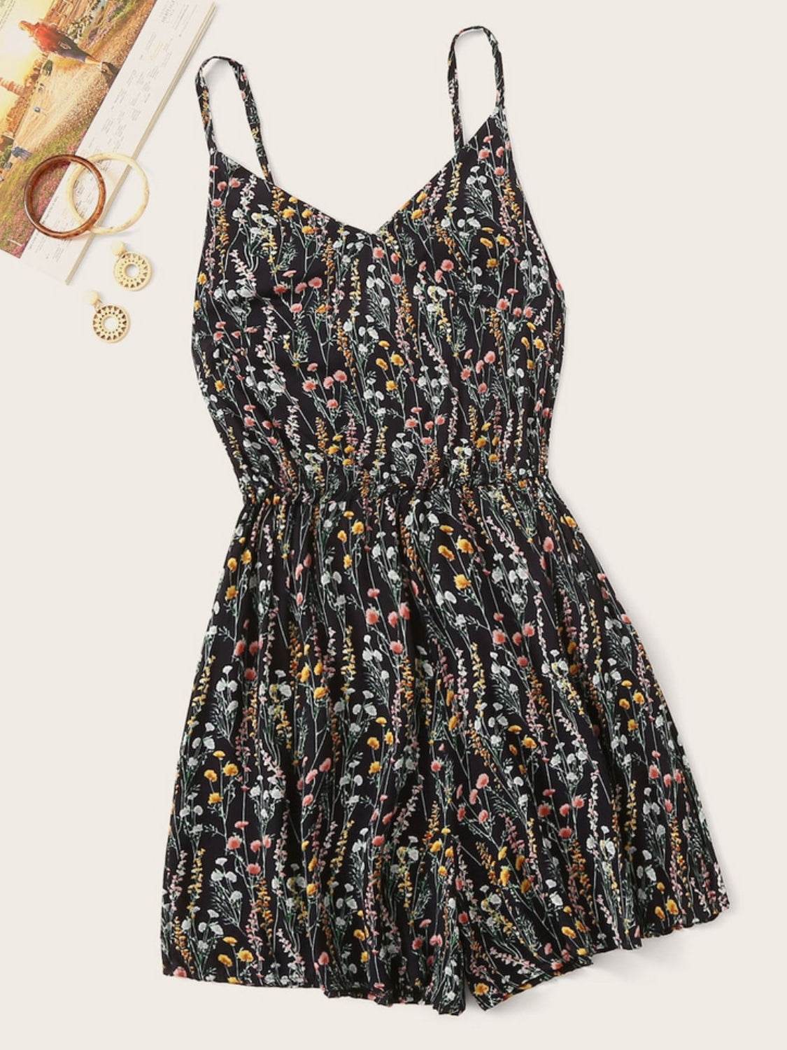 Printed V-Neck Spaghetti Strap Romper - Hovatok