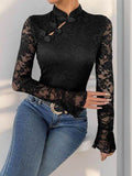 Perfee Lace Mock Neck Long Sleeve Bodysuit - Hovatok