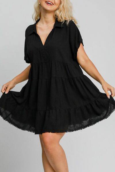 Umgee Full Size Raw Hem Folded Sleeve Tiered Dress Plus Size - Hovatok