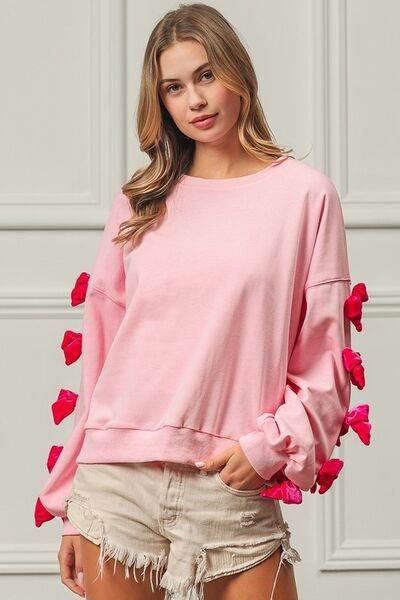 BiBi Velvet Ribbon Bows Long Sleeve Round Neck Sweatshirt - Hovatok