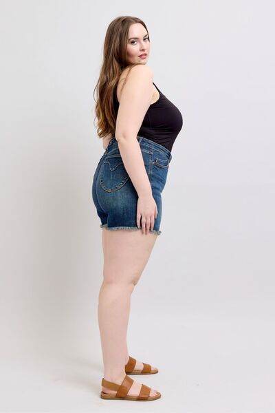 Judy Blue Tummy Control Fray Hem & Shield Back Pockets Denim Shorts - Hovatok