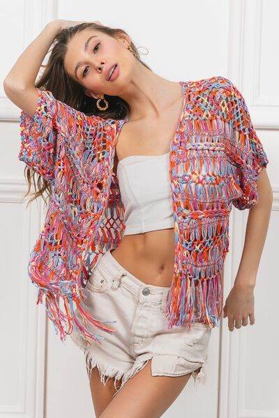 BiBi Open Front Fringed Crop Knit Cardigan - Hovatok