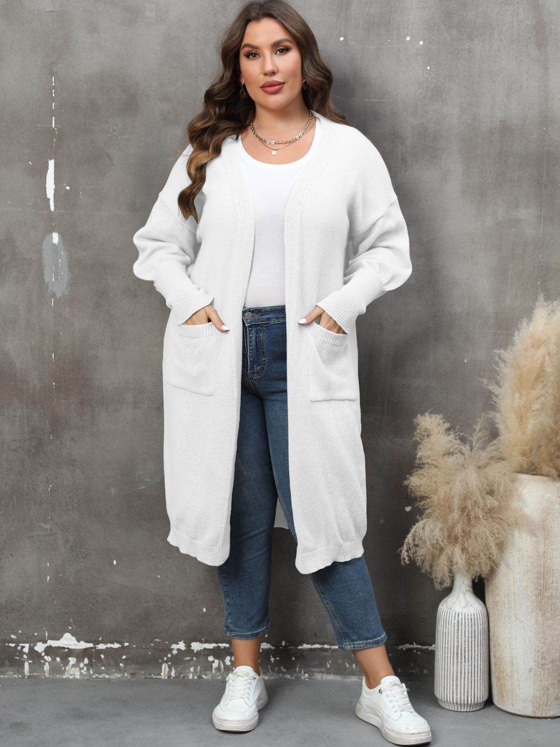 Plus Size Long Sleeve Pocketed Cardigan - Hovatok
