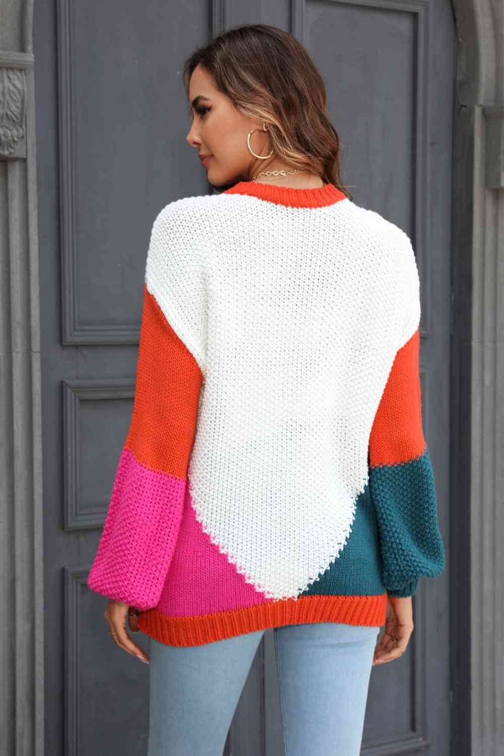 Angel Wings Color Block Round Neck Drop Shoulder Sweater - Hovatok