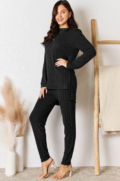 Basic Bae Full Size Ribbed Round Neck High-Low Slit Top and Pants Set - Hovatok
