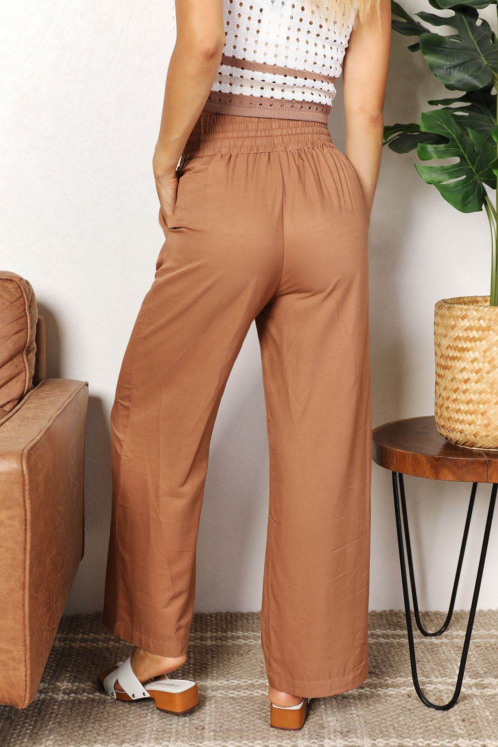 Double Take Drawstring Smocked Waist Wide Leg Pants - Hovatok