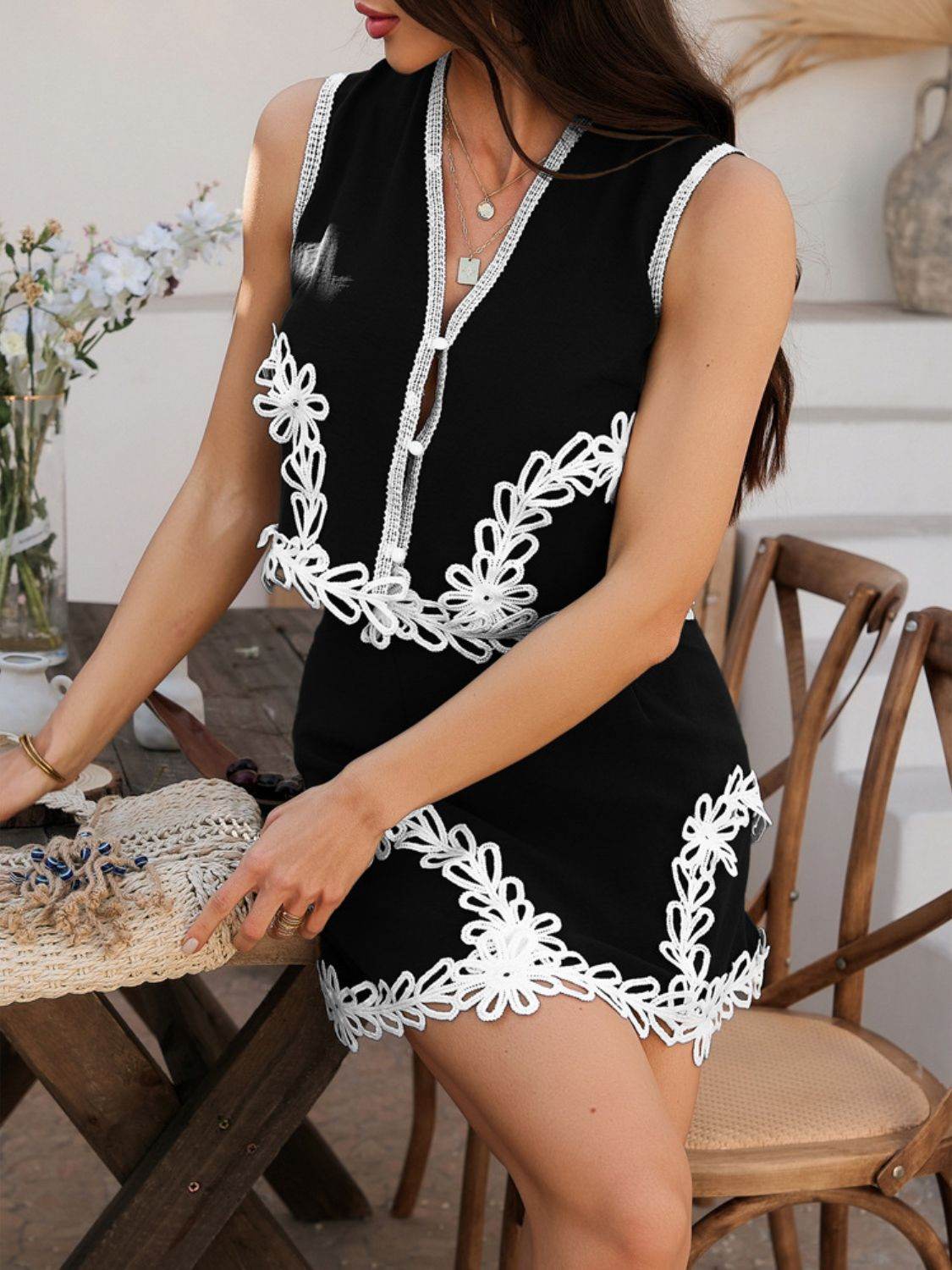 Devine Contrast Lace Vest and Skirt Set - Hovatok