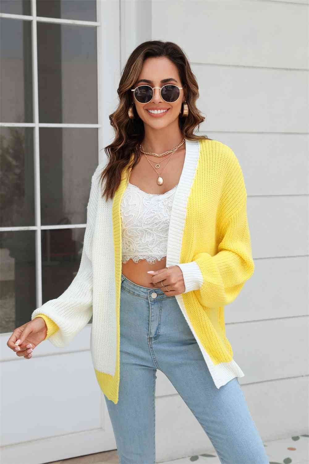 Angel Wings Open Front Contrast Color Balloon Sleeve Cardigan - Hovatok