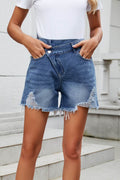 Distressed Raw Hem Asymmetric Waist Denim Shorts - Hovatok