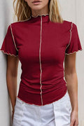 Basic Bae Contrast Trim Mock Neck Short Sleeve T-Shirt - Hovatok