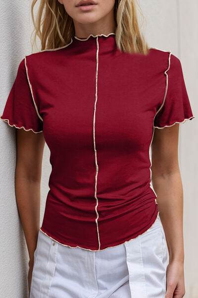 Basic Bae Contrast Trim Mock Neck Short Sleeve T-Shirt - Hovatok
