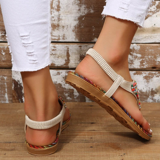 Beaded PU Leather Open Toe Sandals - Hovatok