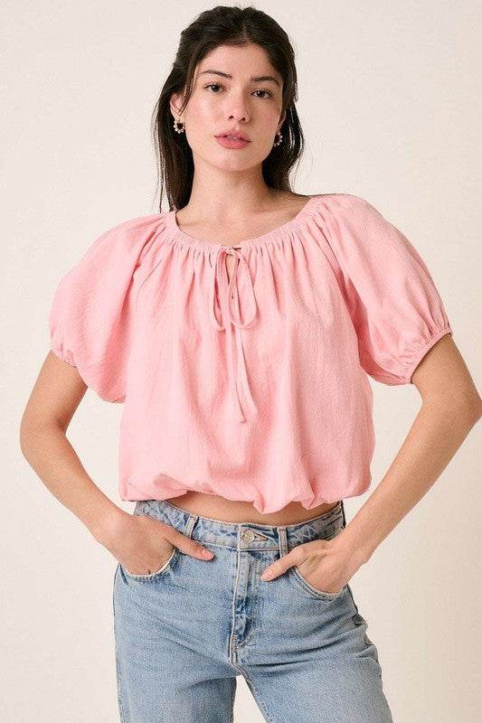 Mittoshop Linen Two-Way Short Sleeve Crop Blouse - Hovatok