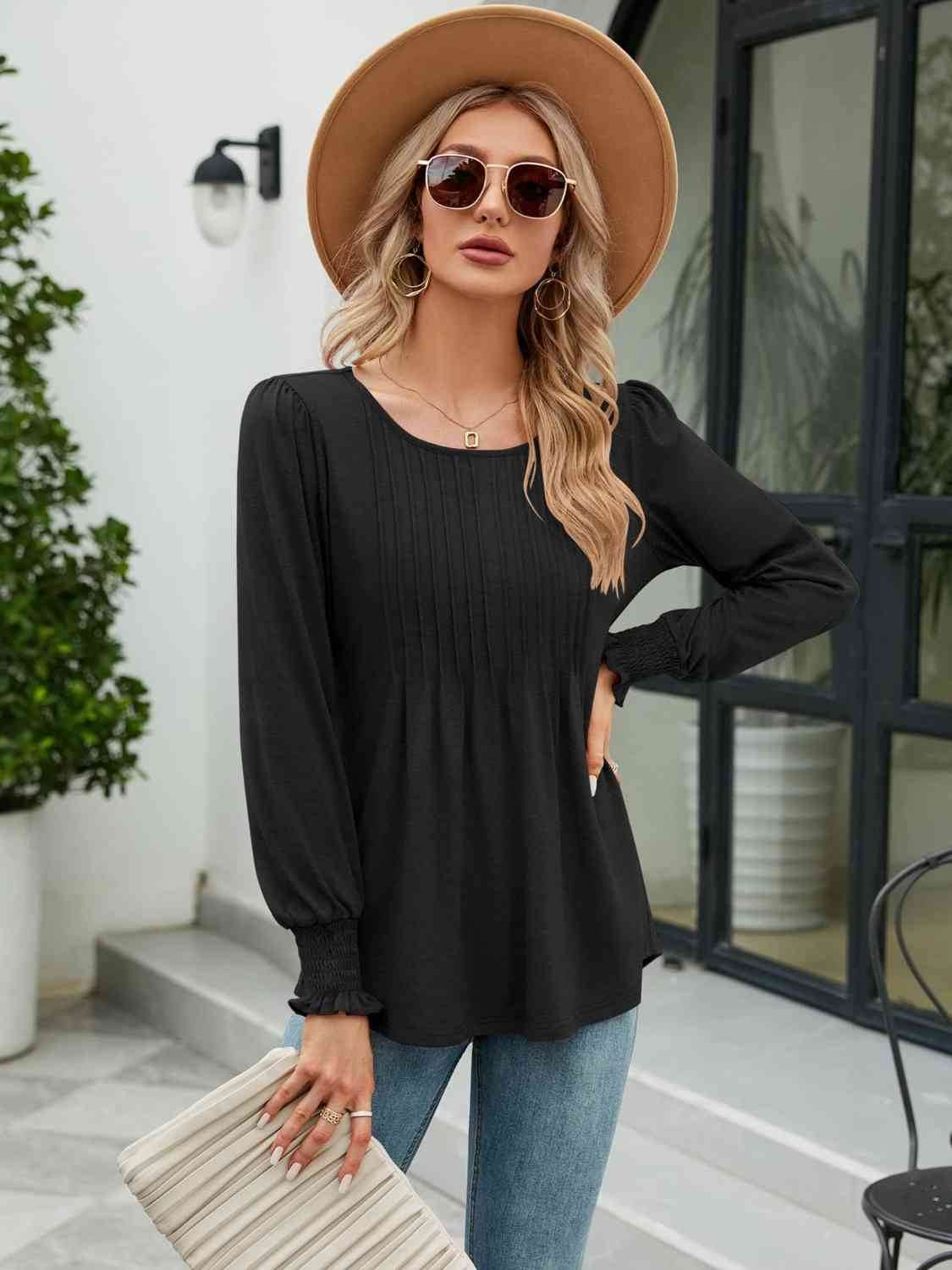 Smocked Round Neck Lantern Sleeve Blouse - Hovatok