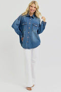RISEN Full Size Snap Down Long Sleeve Denim Shacket - Hovatok