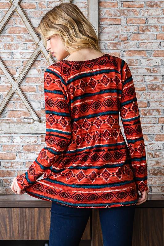 Heimish Full Size Geometric Button Detail Long Sleeve Babydoll Top - Hovatok