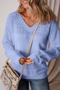 Openwork V-Neck Long Sleeve Sweater - Hovatok