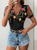 Perfee Embroidered V-Neck Floral Bodysuit - Hovatok