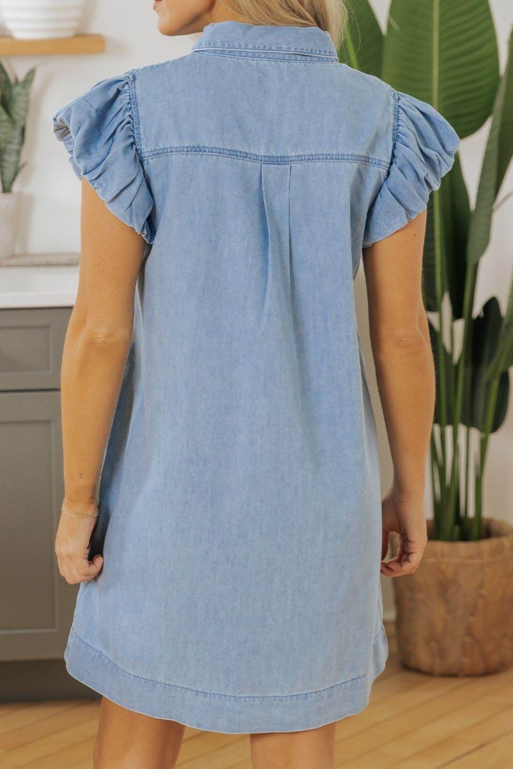 Smocked Collared Neck Cap Sleeve Denim Dress - Hovatok