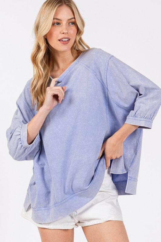 SAGE + FIG Mineral Washed Side Slit Round Neck Sweatshirt - Hovatok