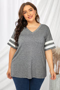 Plus Size Striped V-Neck Tee Shirt - Hovatok