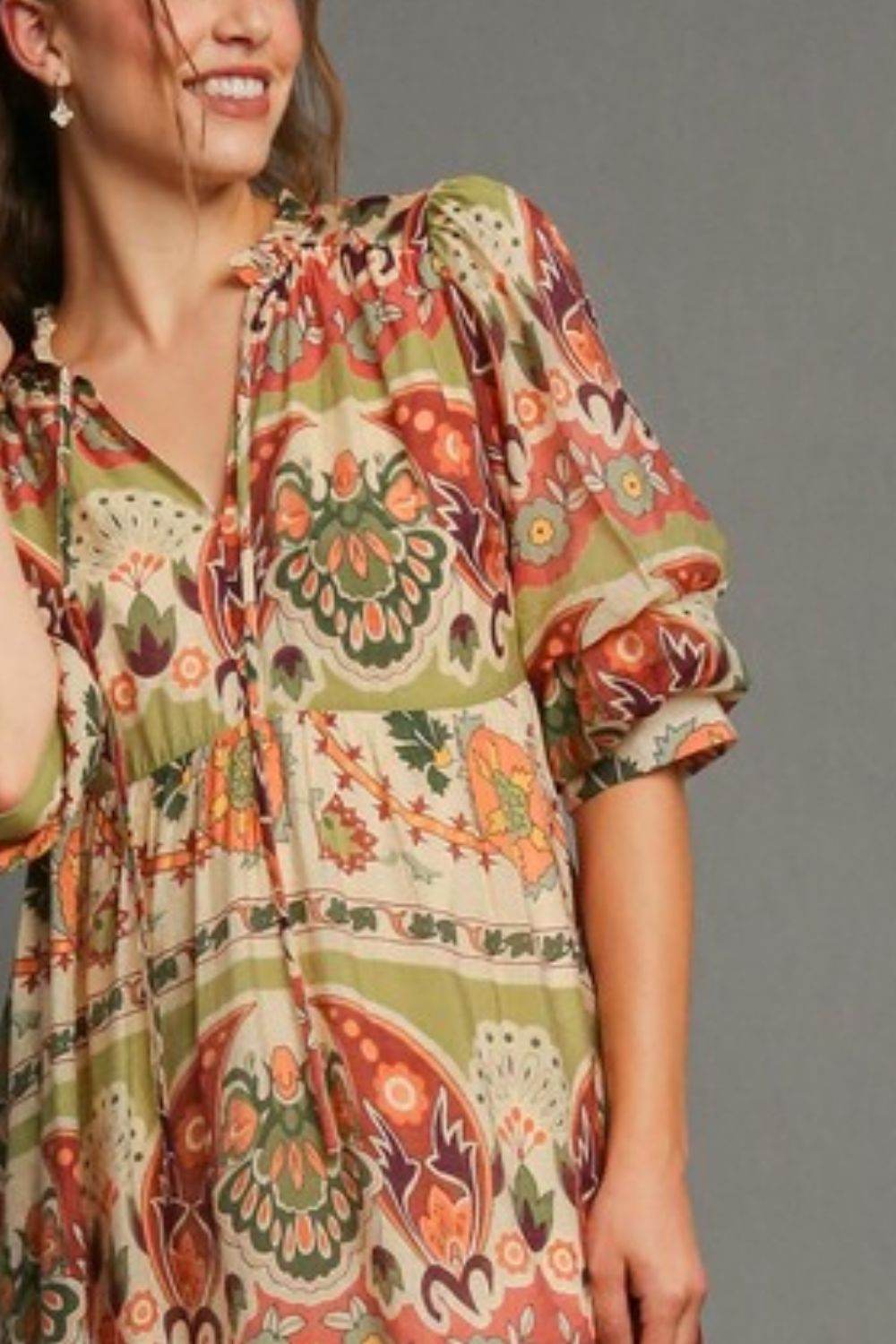 Umgee Full Size Tiered Border Print Midi Dress Plus Size - Hovatok