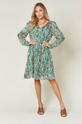Double Take Full Size Printed Drawstring Waist Long Sleeve Dress - Hovatok