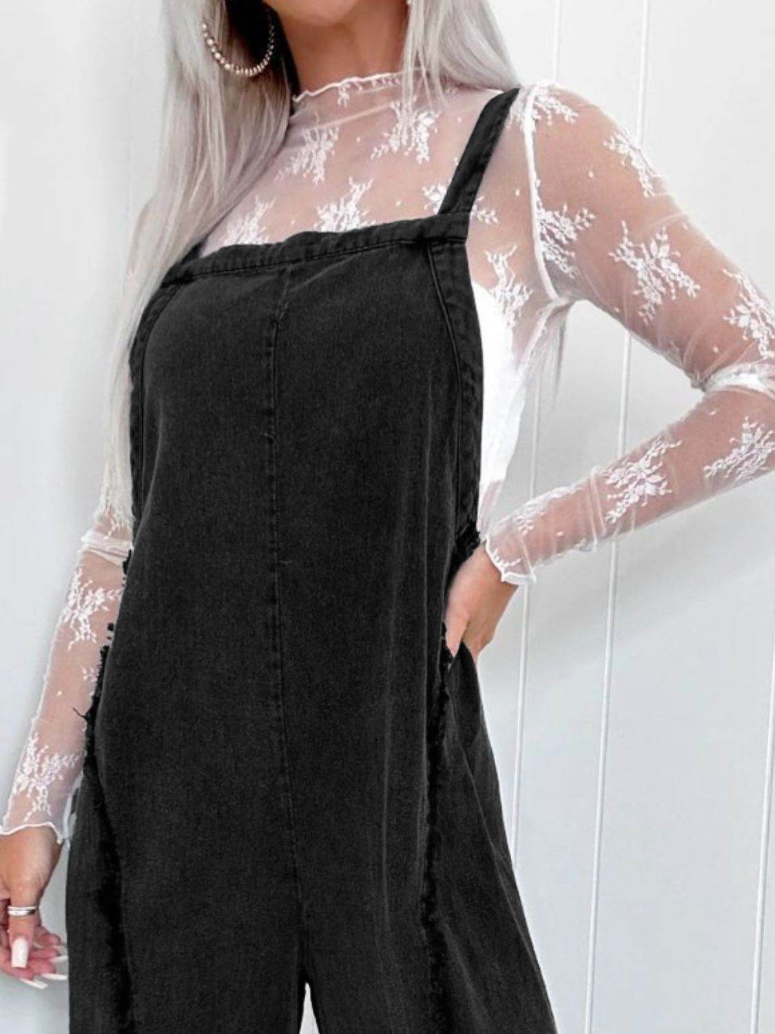 Washed Square Neck Wide Leg Denim Overalls - Hovatok