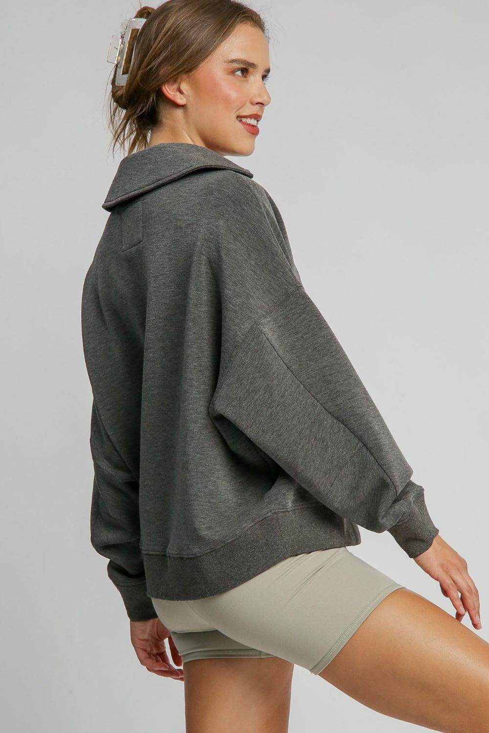 Umgee Johnny Collar Dropped Shoulder Sweatshirt - Hovatok