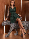 Glitter Surplice Long Sleeve Mini Dress - Hovatok