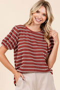 Mittoshop Contrast Striped Short Puff Sleeve Knit Top - Hovatok