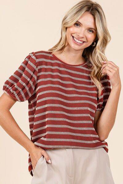 Mittoshop Contrast Striped Short Puff Sleeve Knit Top - Hovatok