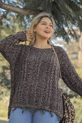 Umgee Full Size Frayed Hem Cable Knit Round Neck Sweater Plus Size - Hovatok