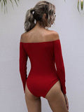 Perfee Decorative Button Off-Shoulder Long Sleeve Bodysuit - Hovatok