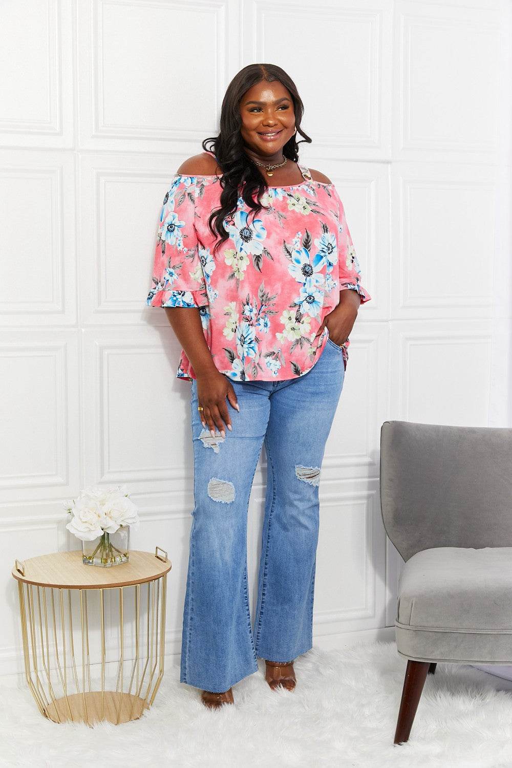 Sew In Love Full Size Fresh Take Floral Cold-Shoulder Top - Hovatok