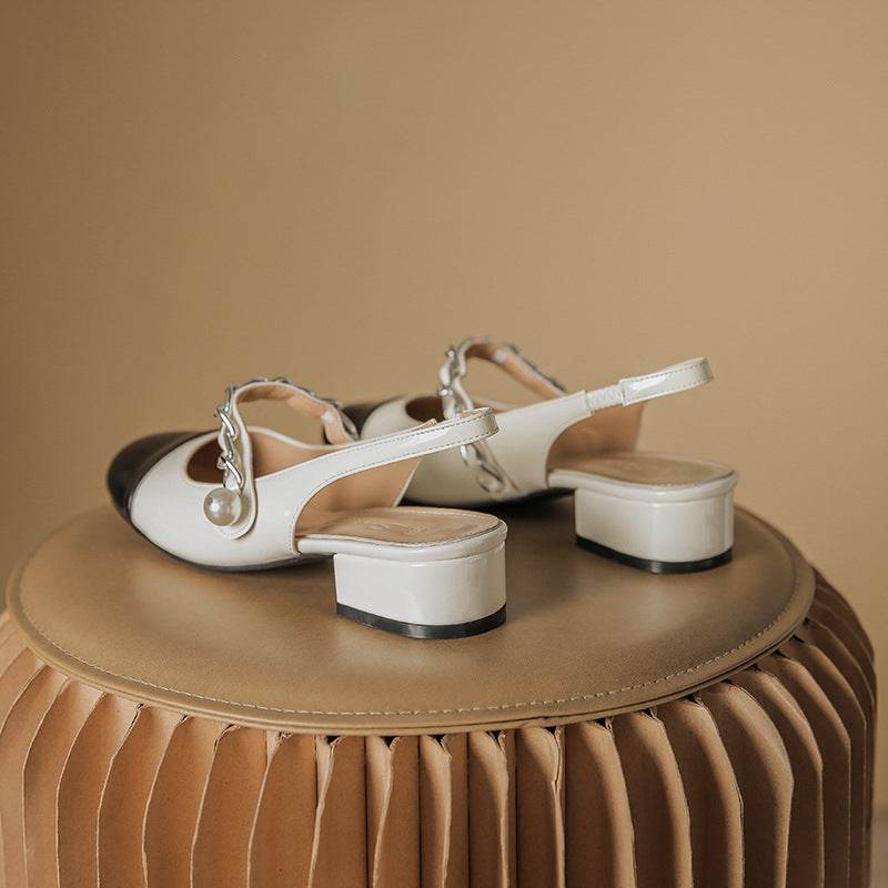 Contrast Round Toe Block Heel Mary Jane Shoes - Hovatok