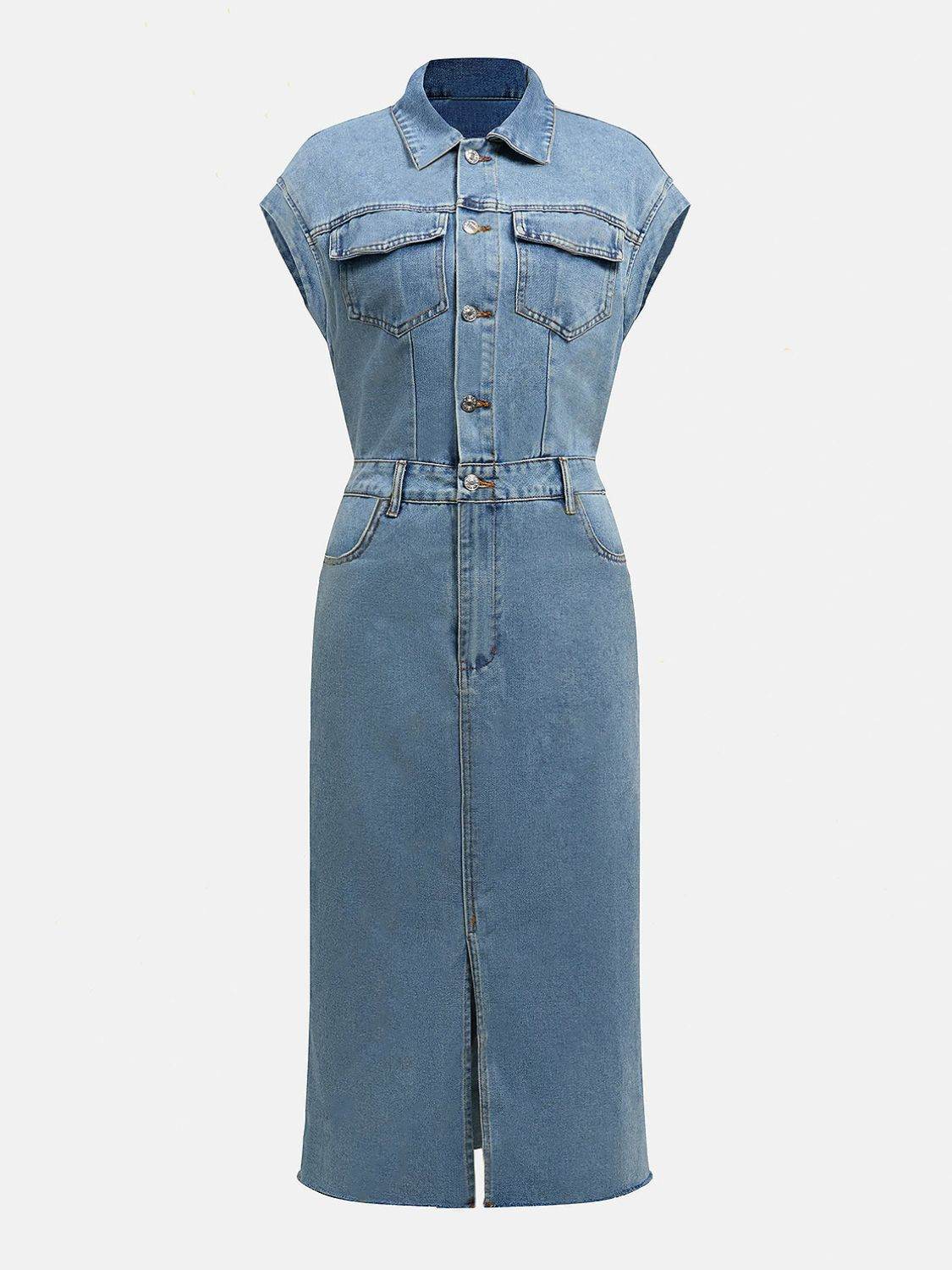 Slit Half Button Collared Neck Cap Sleeve Denim Dress - Hovatok