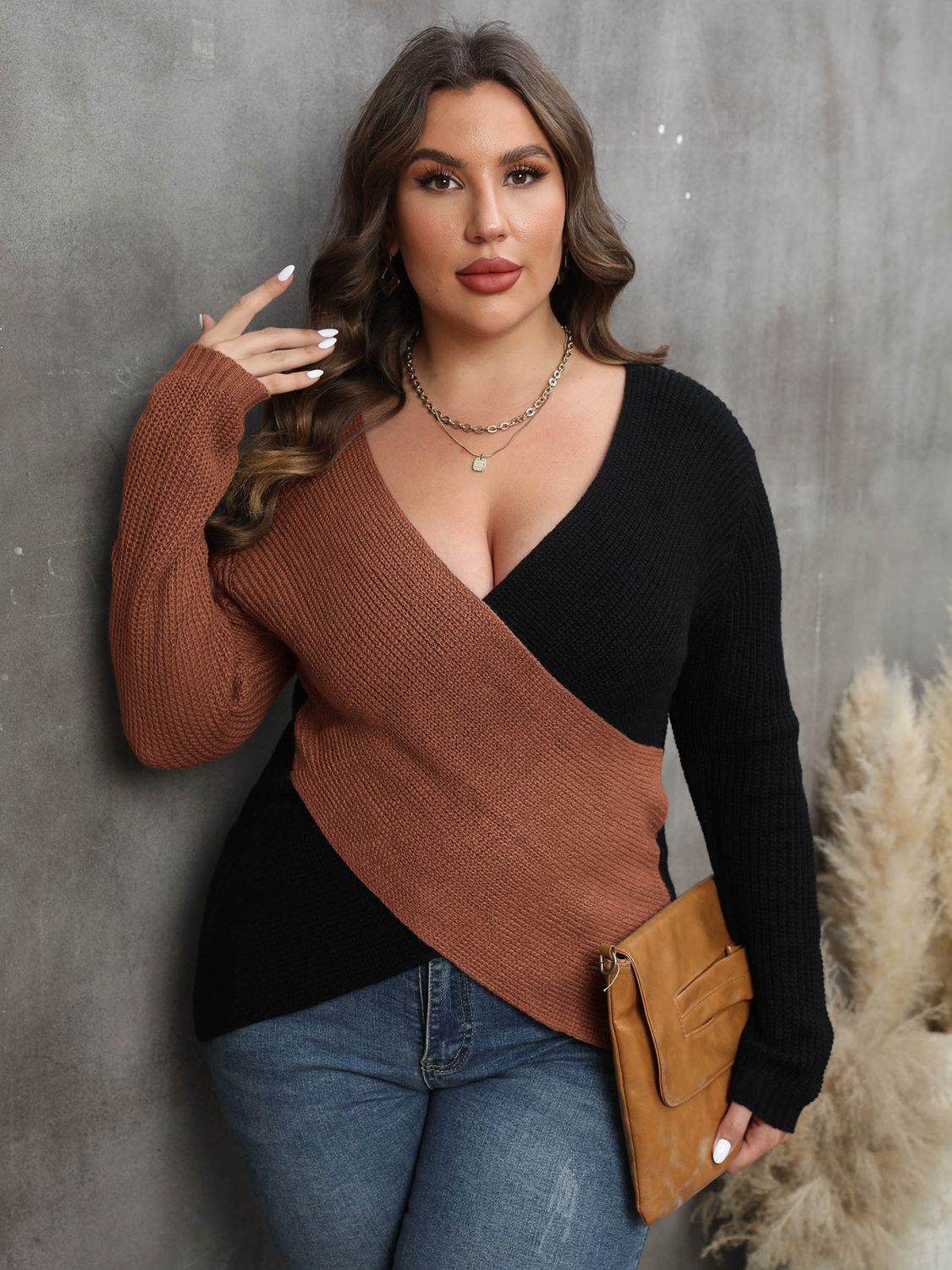 Plus Size Two-Tone Surplice Neck Sweater - Hovatok