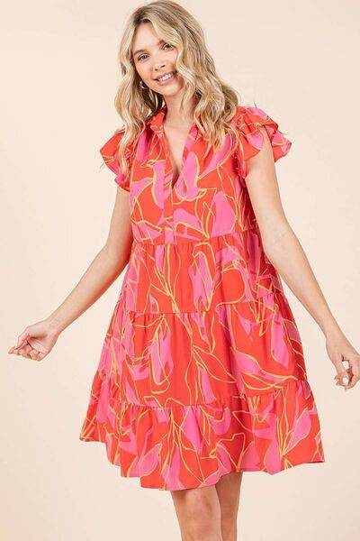 Mittoshop Leaf Print Ruffle Sleeve Tiered Mini Dress - Hovatok